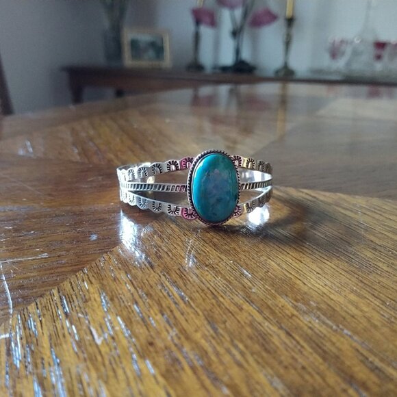 New Native American 925 Sterling Silver Turquoise Cuff Adjustable - Picture 2 of 7